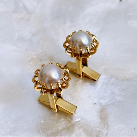 Vintage Faux Pearl Claw Gold Tone Cufflinks Unisex - Picture 5 of 8